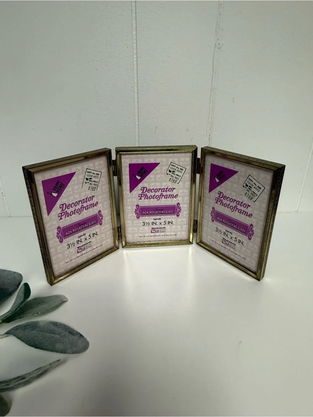 Vintage Goldtone Triple Hinged Picture Frame | Holds Three 3.5x5 Photos NOS NWT